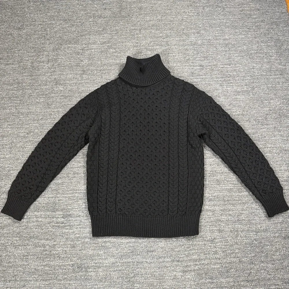 Aran Sweater Market Small Black Cable Knit Ireland Merino Wool Turtleneck Irish